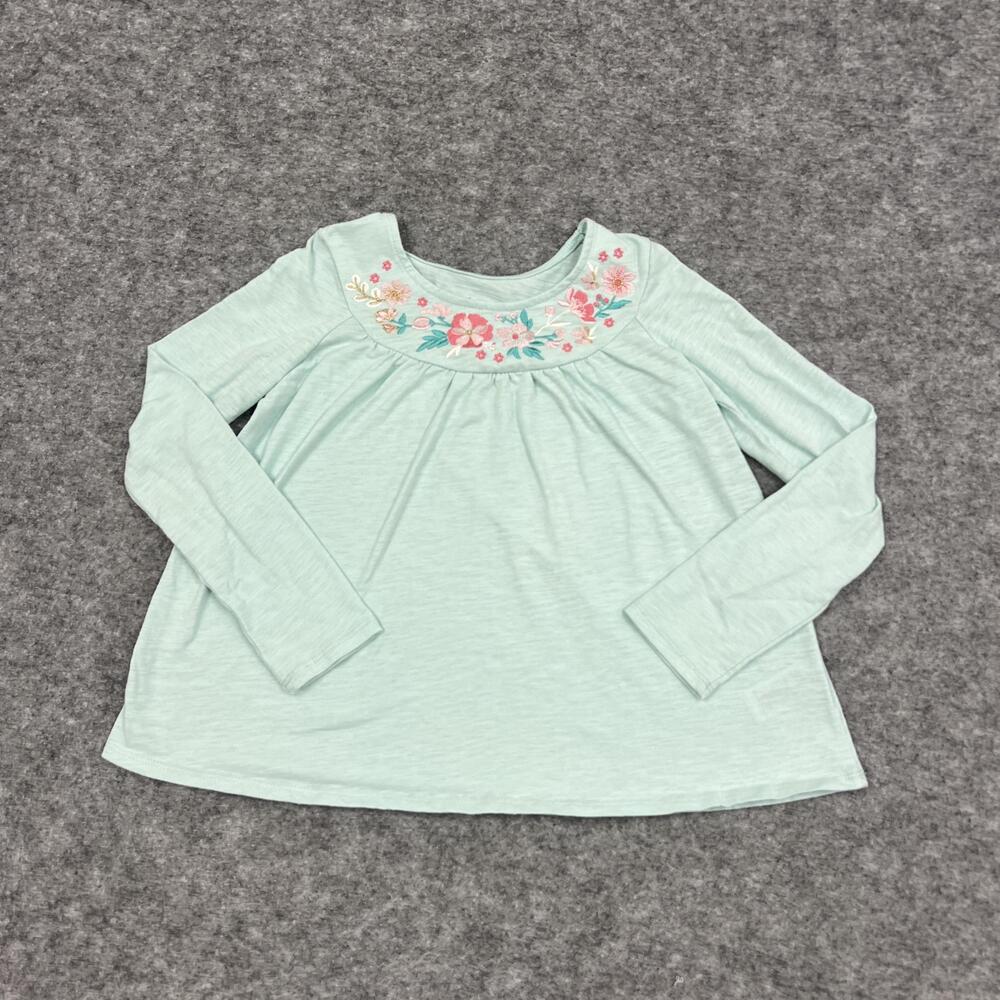 Genuine Kids Shirt Girls 7-8 Years Green Floral Tunic Embroidered Lightweight